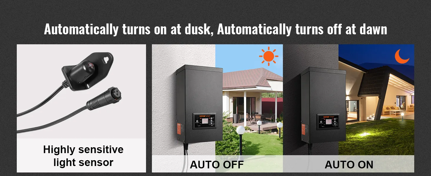 VEVOR landscape transformer with highly sensitive light sensor, auto on/off at dusk and dawn.