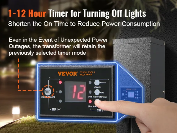 VEVOR landscape transformer with 1-12 hour timer display, ideal for reducing power consumption.