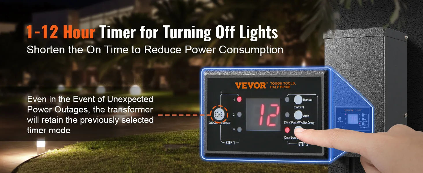 VEVOR landscape transformer with 1-12 hour timer display, ideal for reducing power consumption.