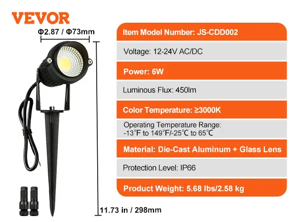 VEVOR landscape lighting, 6w, 450lm, ip66, die-cast aluminum, 12-24v ac/dc, 3000k, 11.73in.