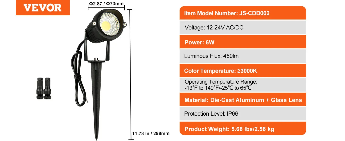 VEVOR landscape lighting, 6w, 450lm, ip66, die-cast aluminum, 12-24v ac/dc, 3000k, 11.73in.