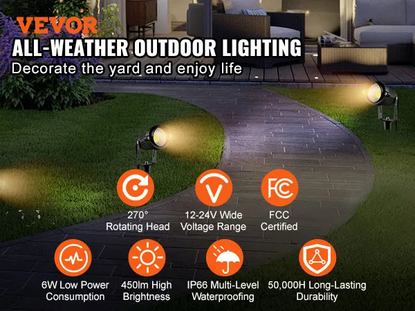 VEVOR landscape lighting illuminating a garden path with text highlighting all-weather durability and features.