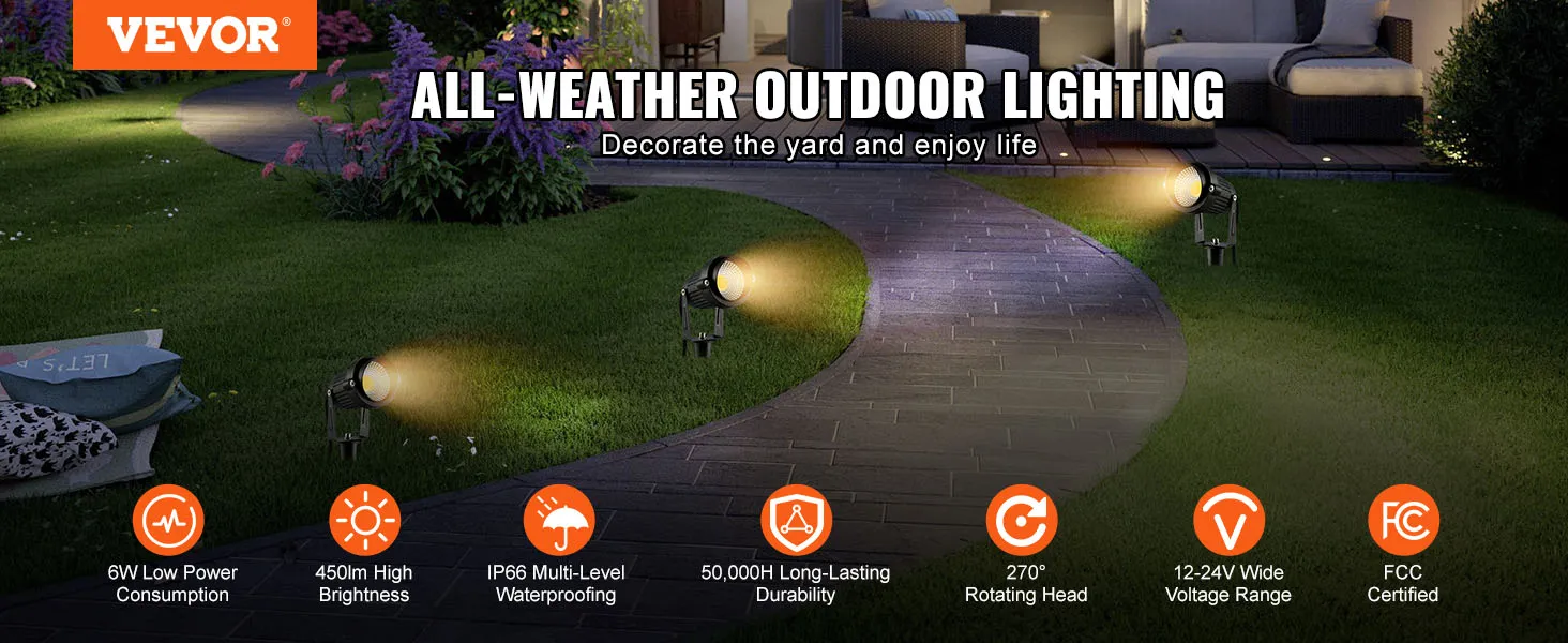 VEVOR landscape lighting illuminating a garden path with text highlighting all-weather durability and features.