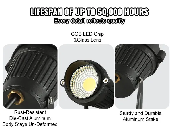 VEVOR landscape lighting with cob led, aluminum body, and stake, 50,000 hours lifespan, house background.