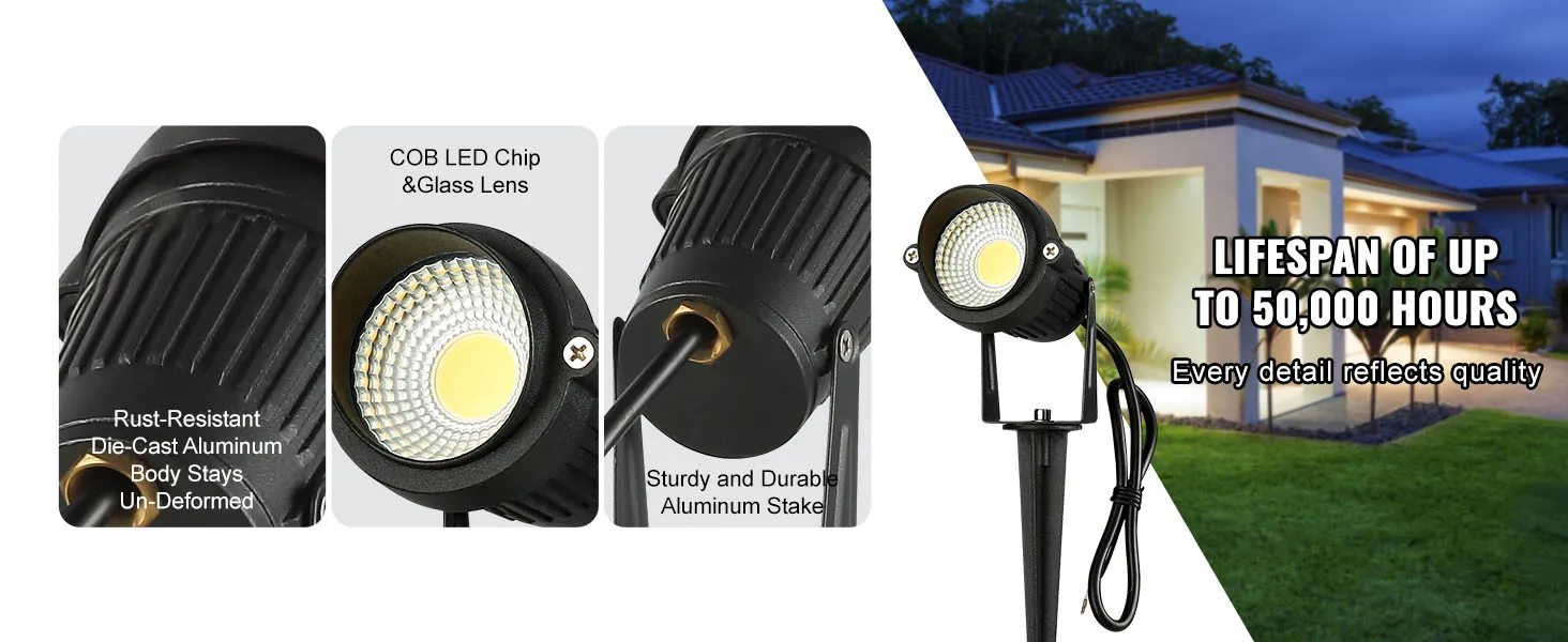 VEVOR landscape lighting with cob led, aluminum body, and stake, 50,000 hours lifespan, house background.