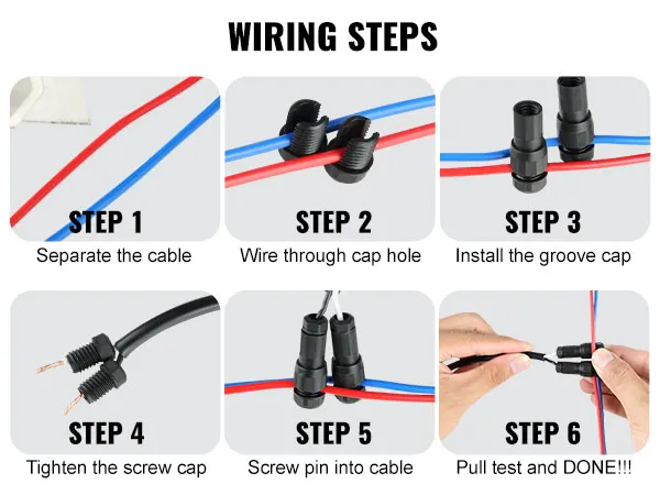 wiring steps for VEVOR landscape lighting: separate cable, cap hole, install cap, tighten, screw pin, pull test.