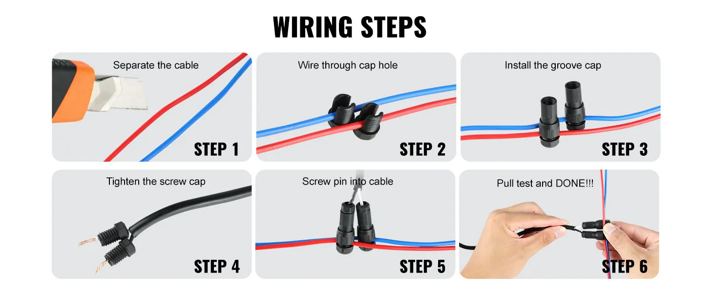 wiring steps for VEVOR landscape lighting: separate cable, cap hole, install cap, tighten, screw pin, pull test.