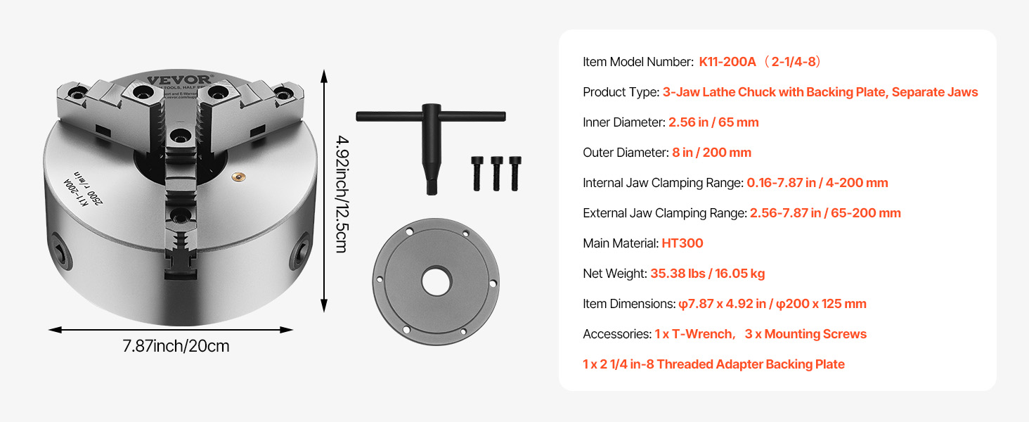 VEVOR 3 Jaw Lathe Chuck - 8 in (200 mm), HT300 Material