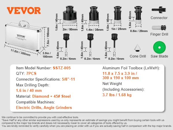 VEVOR diamond core drill bit set, 7pcs with various sizes, aluminum toolbox, for drills and grinders.