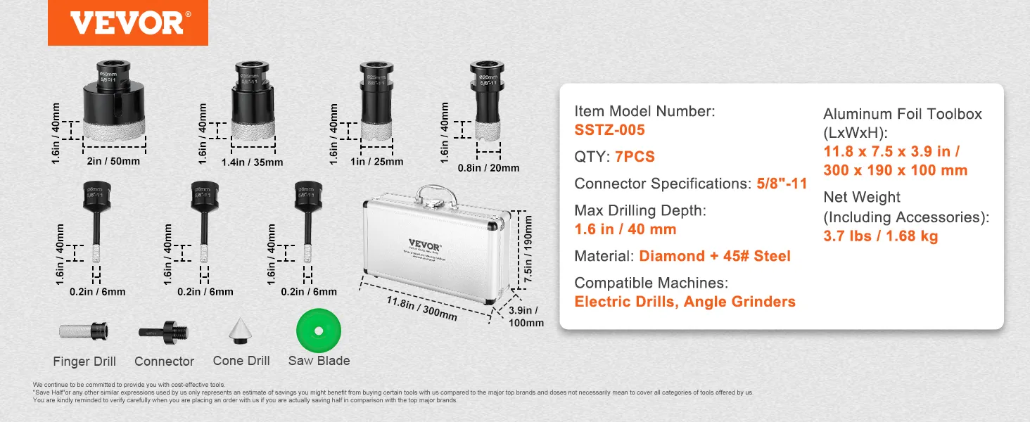 VEVOR diamond core drill bit set, 7pcs with various sizes, aluminum toolbox, for drills and grinders.