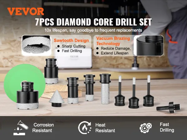 VEVOR diamond core drill bit set, 7pcs, sawtooth design, vacuum brazing technology, corrosion resistant.