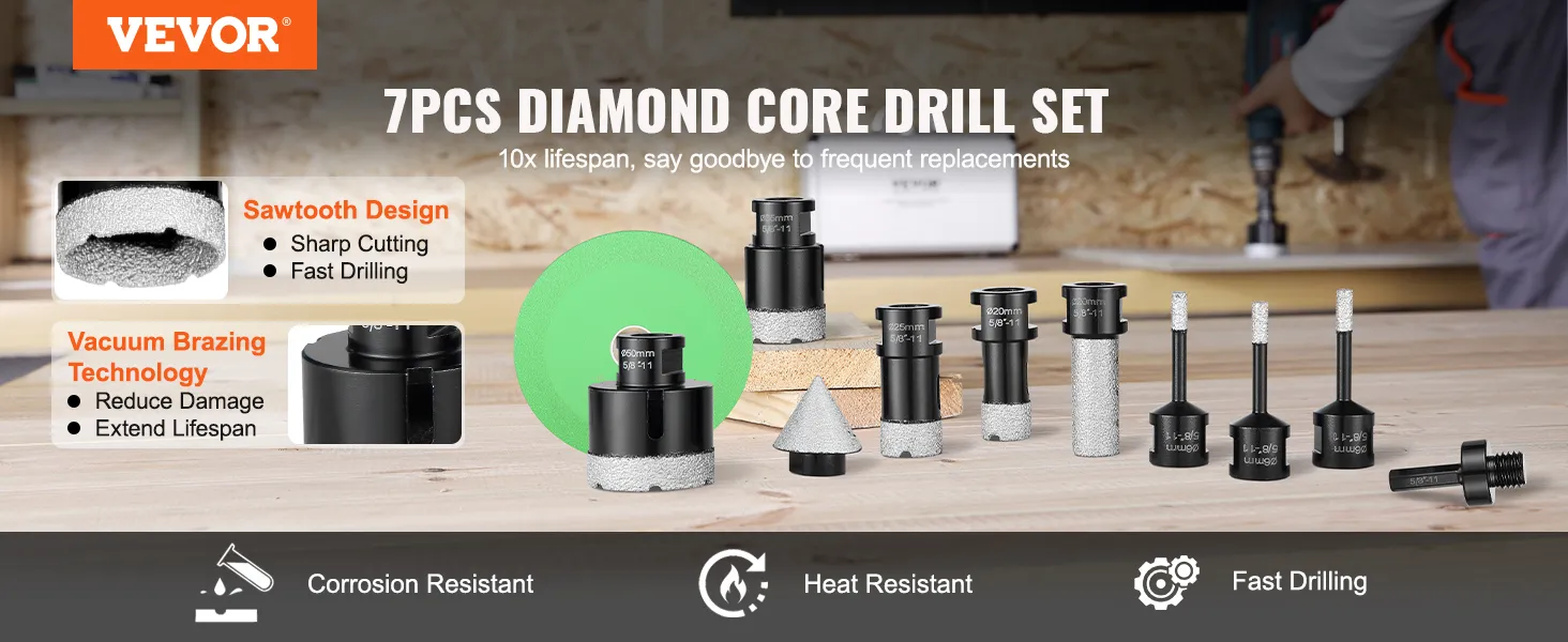 VEVOR diamond core drill bit set, 7pcs, sawtooth design, vacuum brazing technology, corrosion resistant.