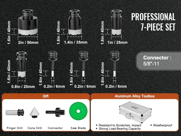 VEVOR diamond core drill bit set, professional 7-piece with an aluminum alloy toolbox and gifts included.