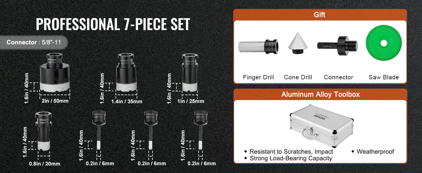 VEVOR diamond core drill bit set, professional 7-piece with an aluminum alloy toolbox and gifts included.