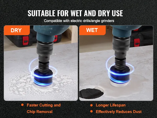 VEVOR diamond core drill bit set, suitable for wet and dry use, shown in cutting action.