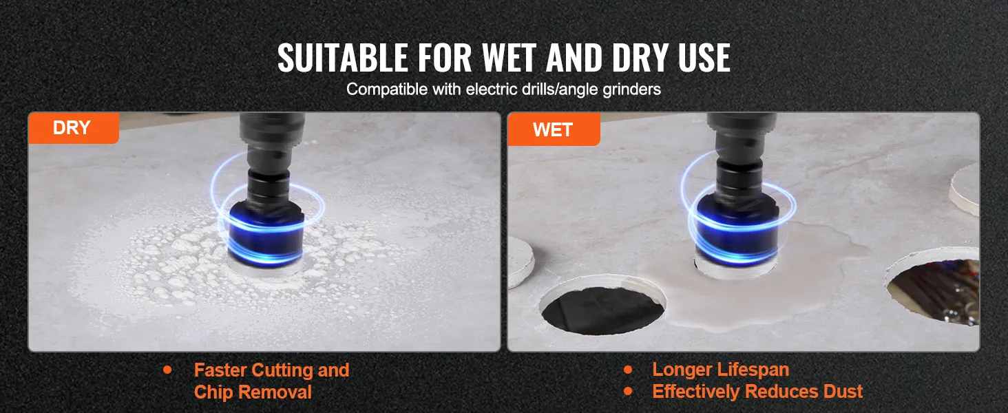 VEVOR diamond core drill bit set, suitable for wet and dry use, shown in cutting action.