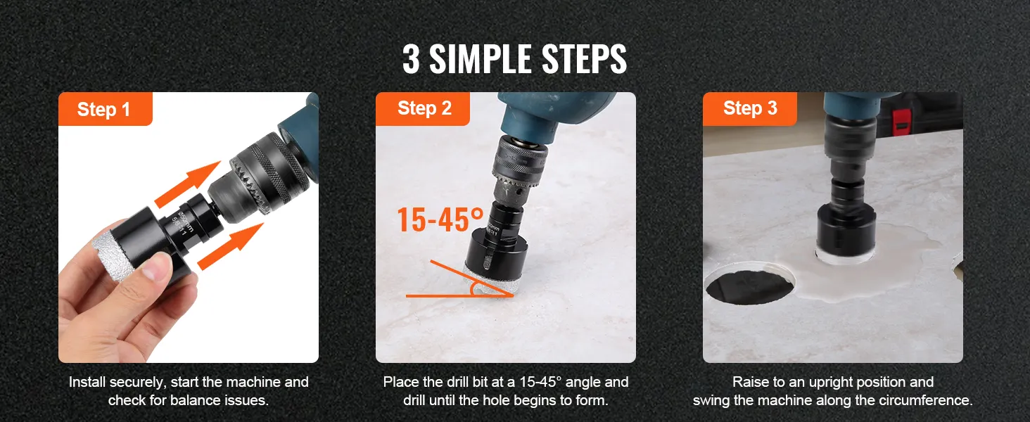 3-step guide for using VEVOR diamond core drill bit set: install, angle at 15-45°, and drill upright.