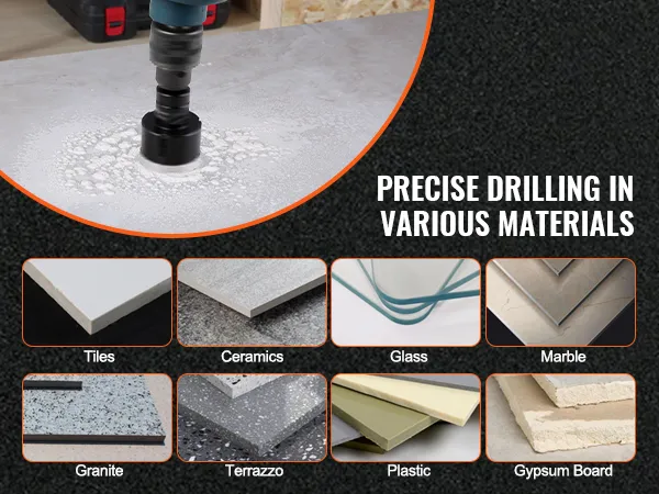 VEVOR diamond core drill bit set for drilling tiles, ceramics, glass, marble, granite, terrazzo, plastic, gypsum board.