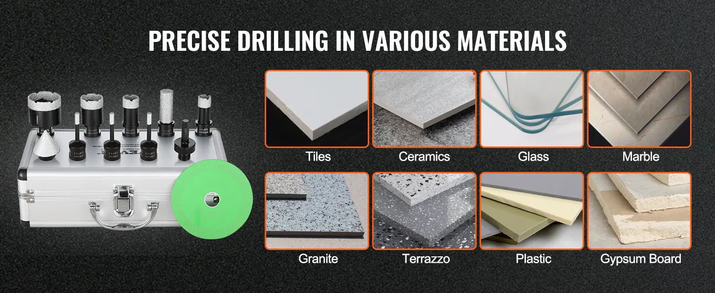 VEVOR diamond core drill bit set for drilling tiles, ceramics, glass, marble, granite, terrazzo, plastic, gypsum board.