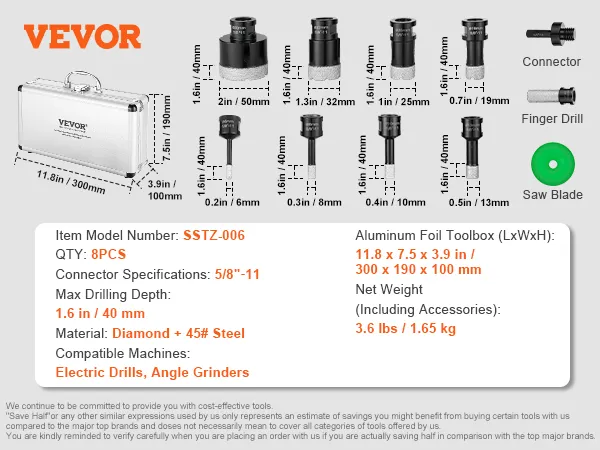 VEVOR diamond core drill bit set with 8 pieces, varying sizes, matching toolbox, and key specs displayed.