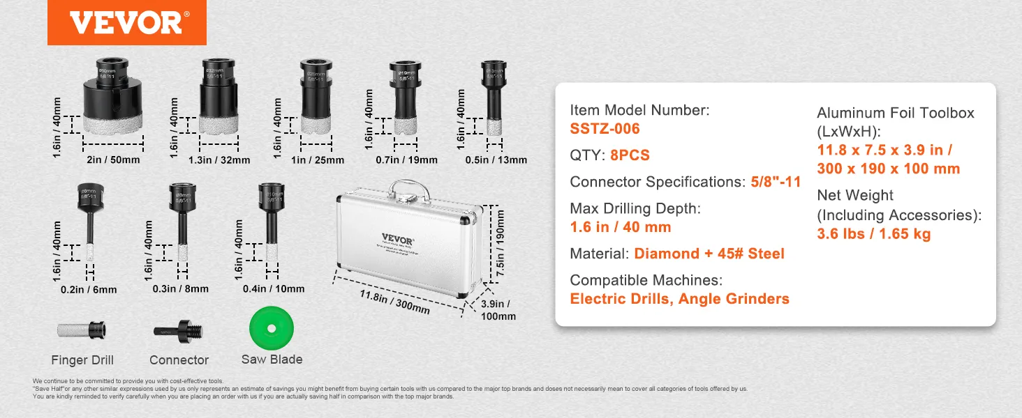 VEVOR diamond core drill bit set with 8 pieces, varying sizes, matching toolbox, and key specs displayed.