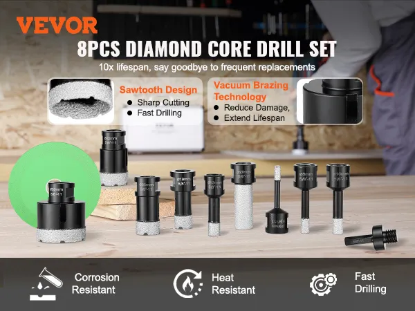 VEVOR diamond core drill bit set, 8pcs, sharp cutting, fast drilling, vacuum brazing, extended lifespan.