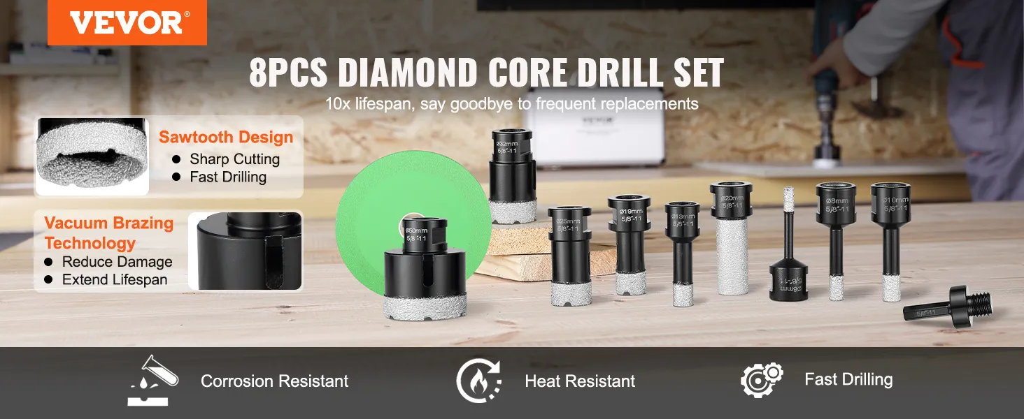 VEVOR diamond core drill bit set, 8pcs, sharp cutting, fast drilling, vacuum brazing, extended lifespan.
