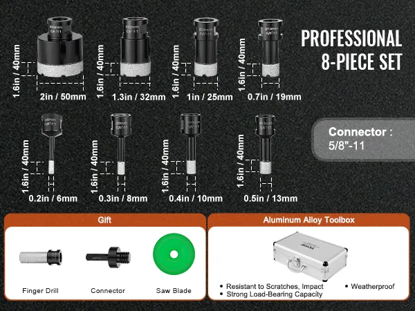 professional 8-piece VEVOR diamond core drill bit set with aluminum alloy toolbox and accessories.