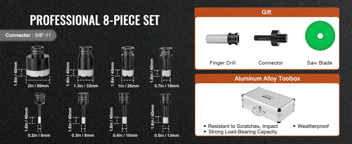 professional 8-piece VEVOR diamond core drill bit set with aluminum alloy toolbox and accessories.