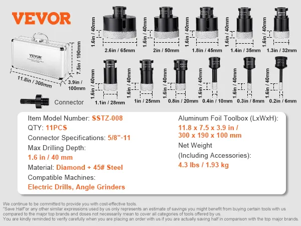 VEVOR diamond core drill bit set includes 11pcs and an aluminum foil toolbox, compatible with electric drills and angle grinders.