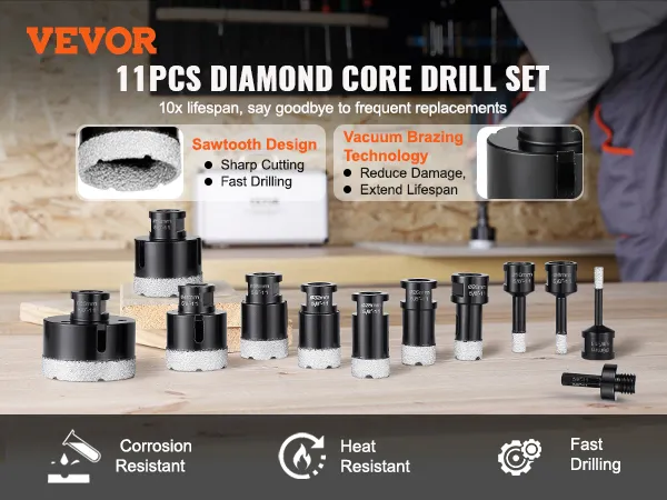 VEVOR diamond core drill bit set with sawtooth design and vacuum brazing tech for fast, precise drilling.