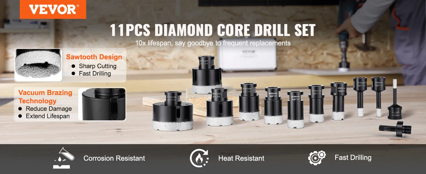 VEVOR diamond core drill bit set with sawtooth design and vacuum brazing tech for fast, precise drilling.