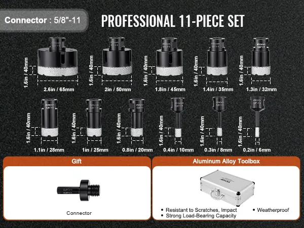 VEVOR diamond core drill bit set includes 11 pieces, a connector, and an aluminum alloy toolbox.