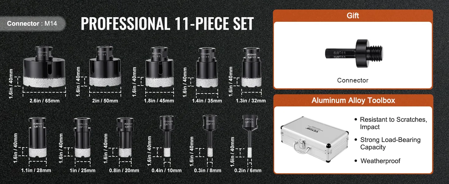 VEVOR diamond core drill bit set includes 11 pieces, a connector, and an aluminum alloy toolbox.