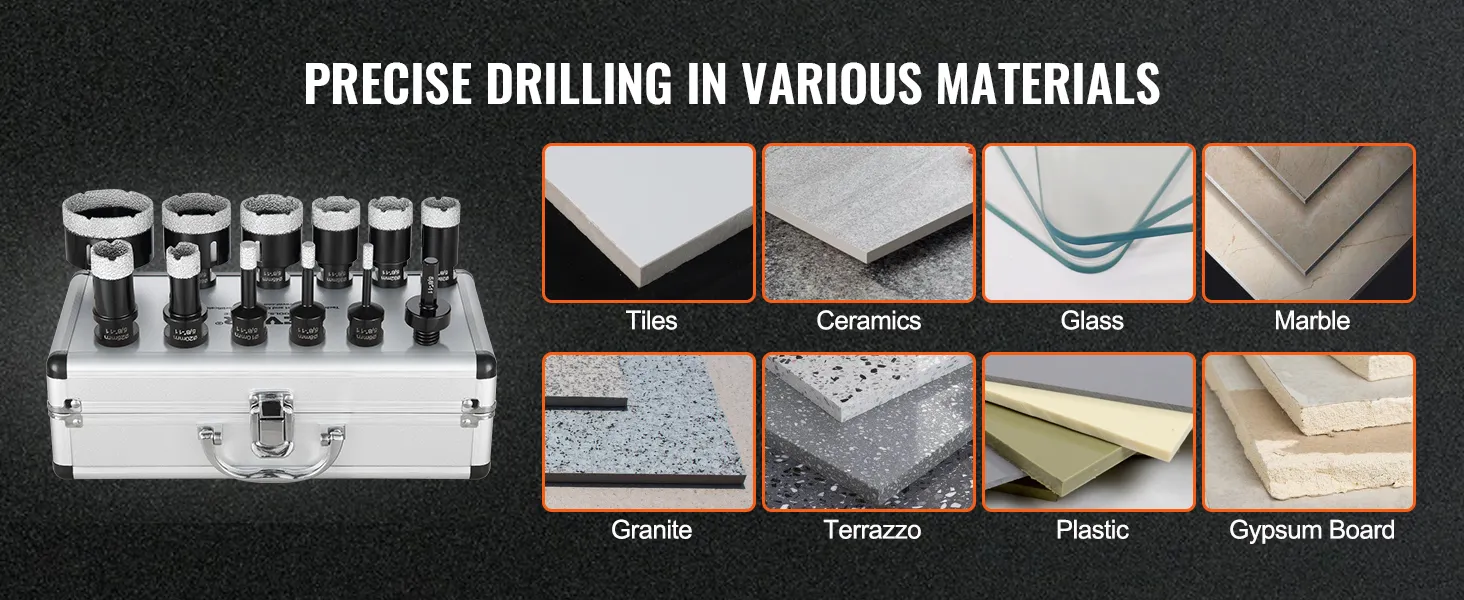VEVOR diamond core drill bit set with case, suitable for tiles, ceramics, glass, marble, granite, and more.