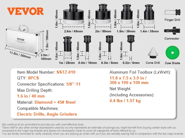 VEVOR diamond core drill bit set with 8pcs, aluminum toolbox, compatible with electric drills, angle grinders.