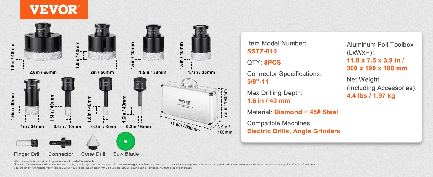 VEVOR diamond core drill bit set with 8pcs, aluminum toolbox, compatible with electric drills, angle grinders.