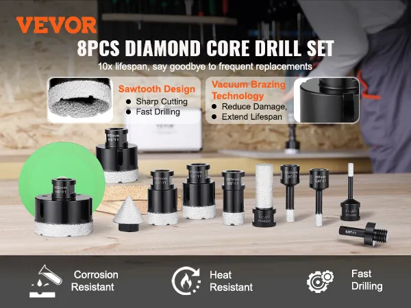 VEVOR diamond core drill bit set features 8pcs with sawtooth design, vacuum brazing, corrosion resistance.