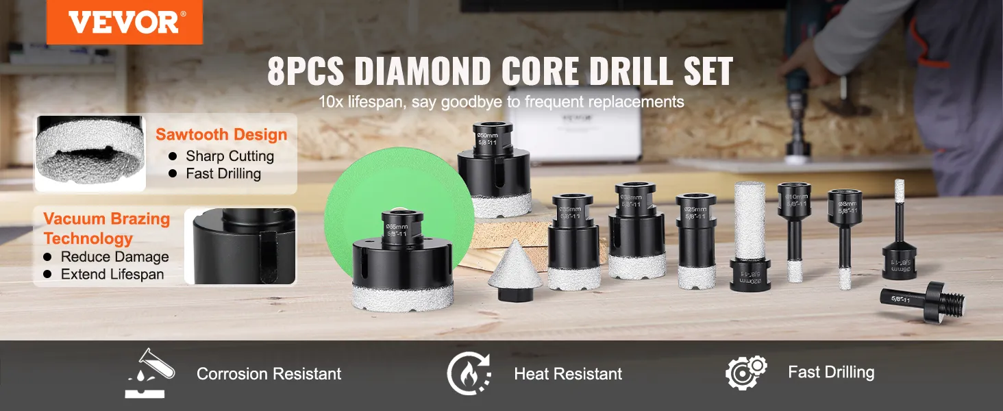 VEVOR diamond core drill bit set features 8pcs with sawtooth design, vacuum brazing, corrosion resistance.