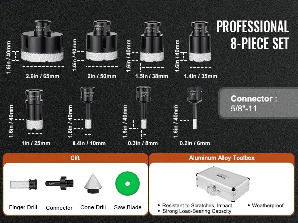professional 8-piece VEVOR diamond core drill bit set with aluminum toolbox, finger drill, connector, cone drill, and saw blade.