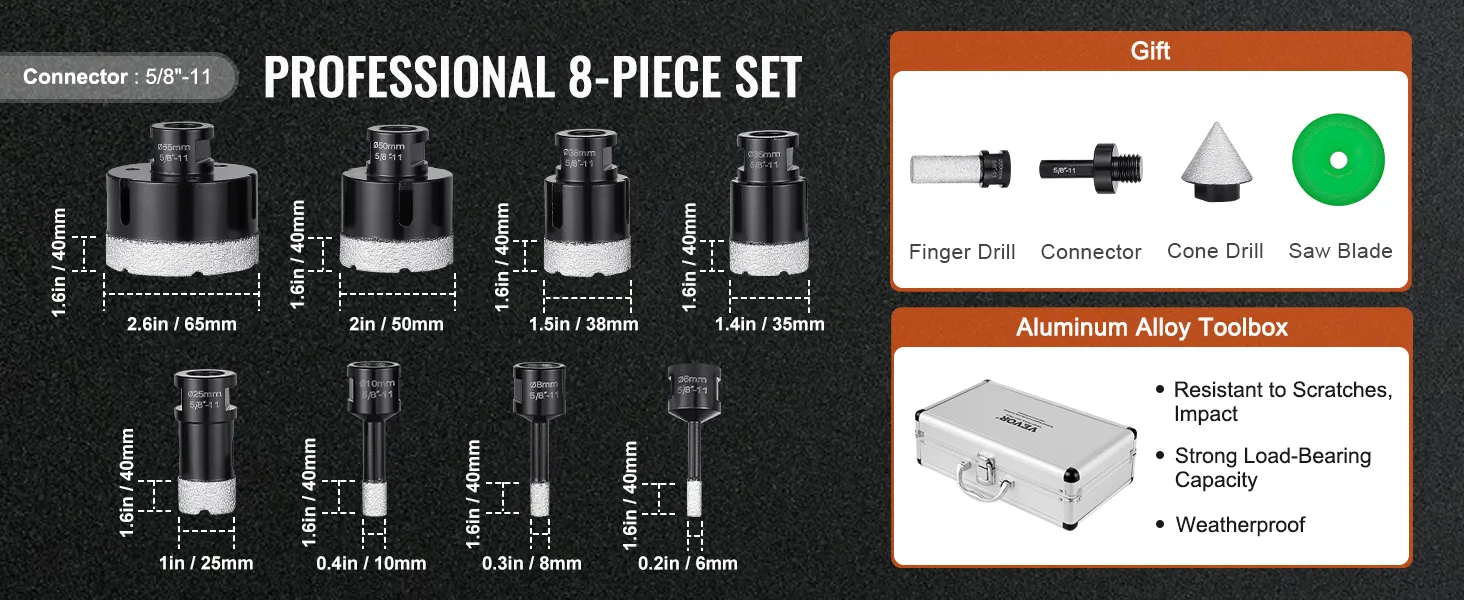 professional 8-piece VEVOR diamond core drill bit set with aluminum toolbox, finger drill, connector, cone drill, and saw blade.
