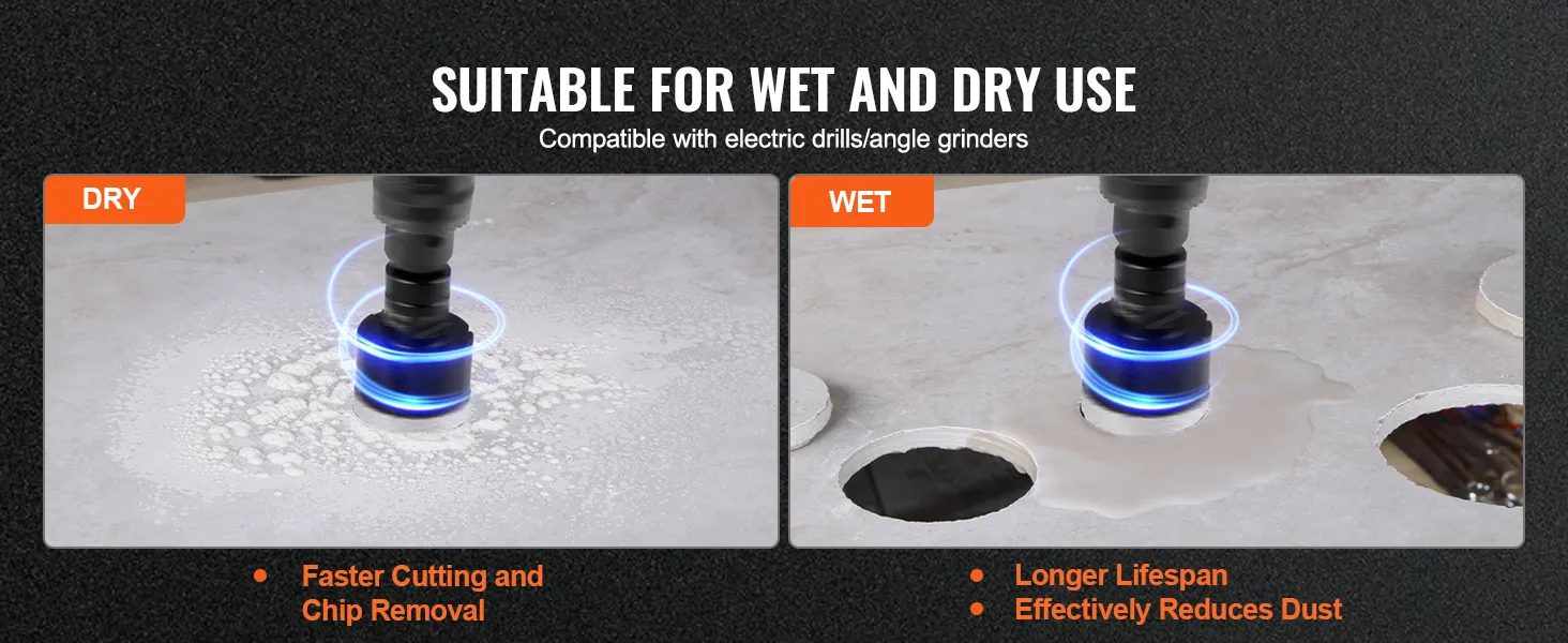 VEVOR diamond core drill bit set used on dry and wet surfaces; faster cutting, chip removal, and reduced dust.