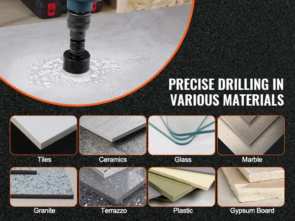 VEVOR diamond core drill bit set with various drill bits displayed for tiles, ceramics, glass, and more.