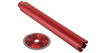 red VEVOR diamond core drill bit and cutting disc on a white background.