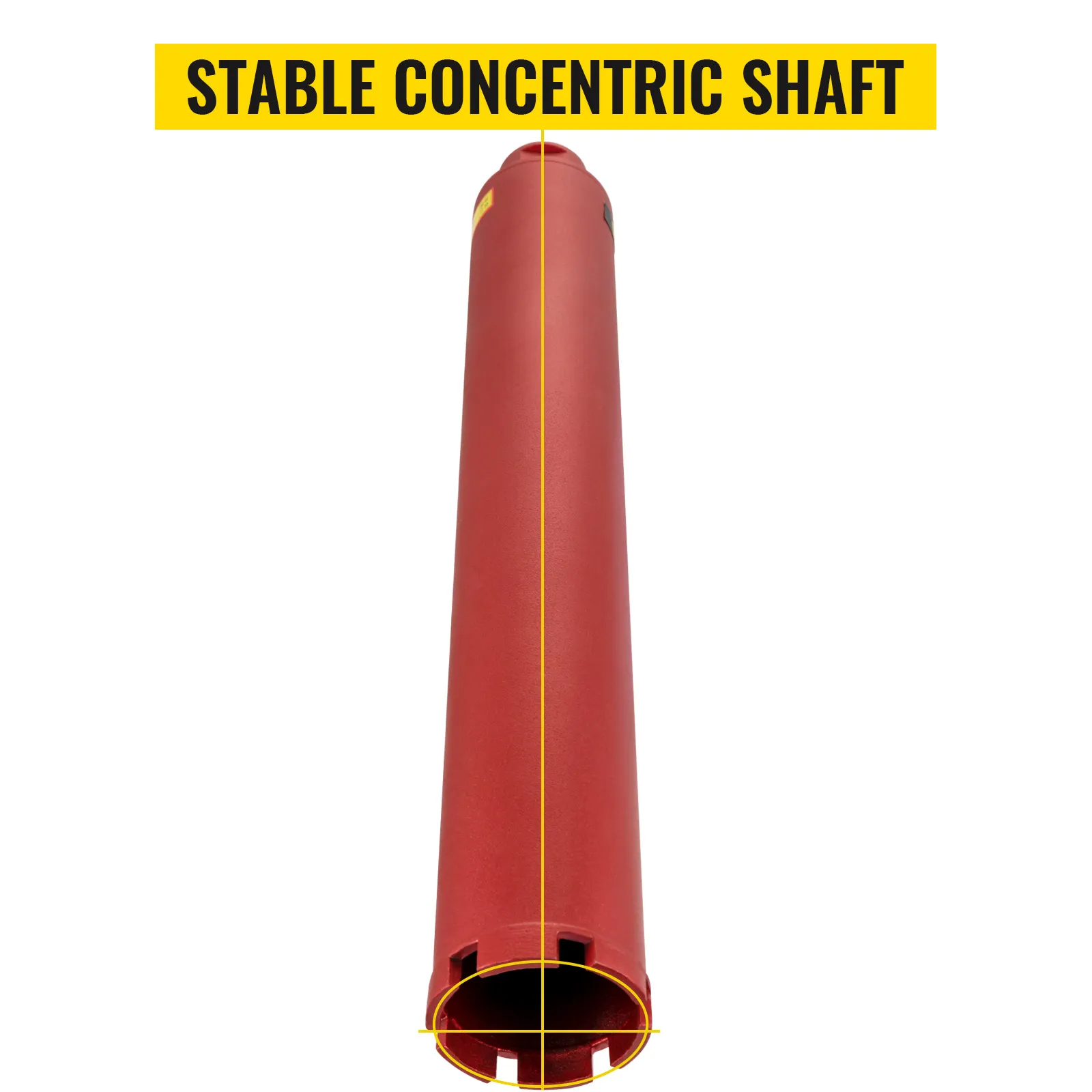red VEVOR diamond core drill bit with a stable concentric shaft, highlighted in yellow.