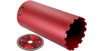 red VEVOR diamond core drill bit beside a circular cutting blade.