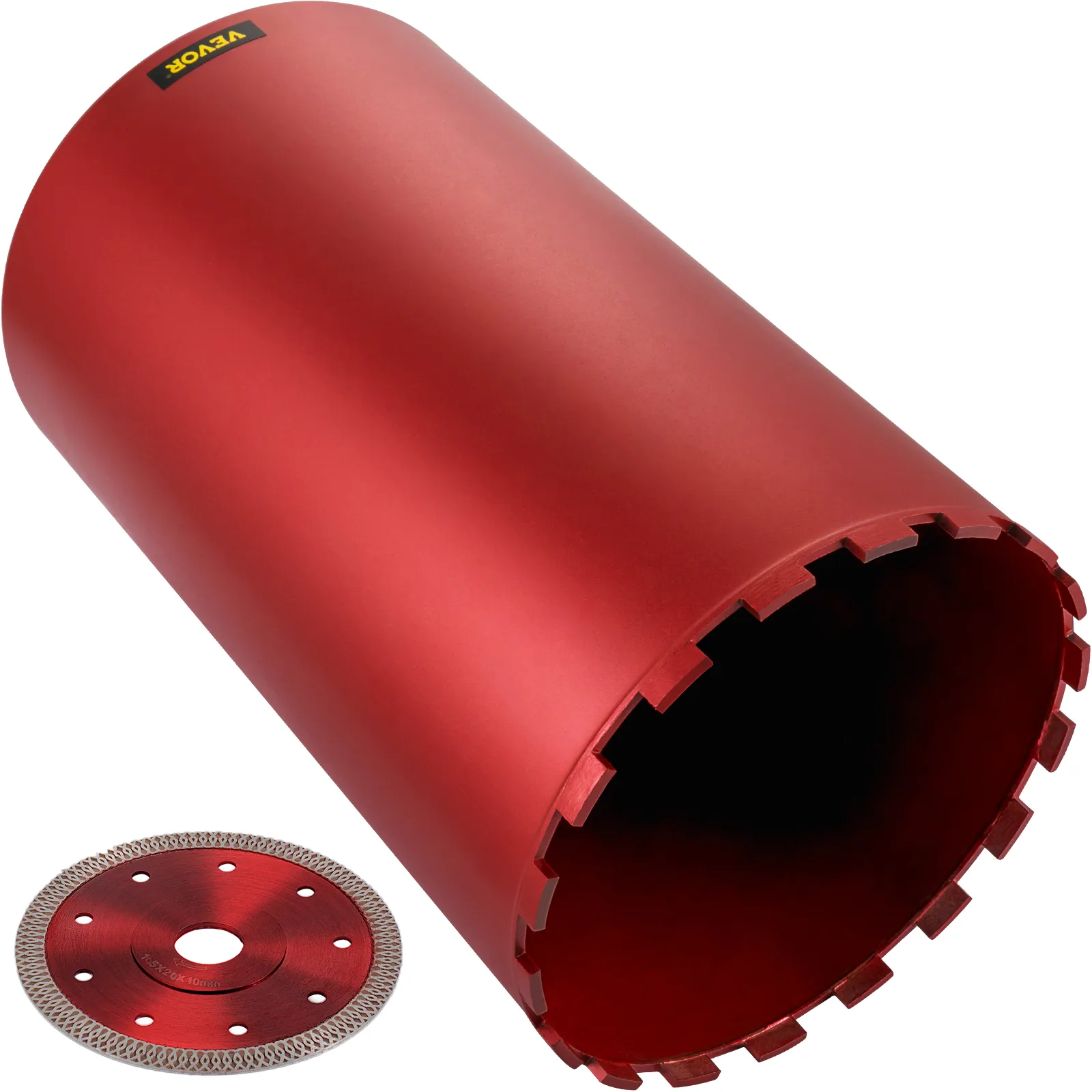 red VEVOR diamond core drill bit and circular blade on white background.