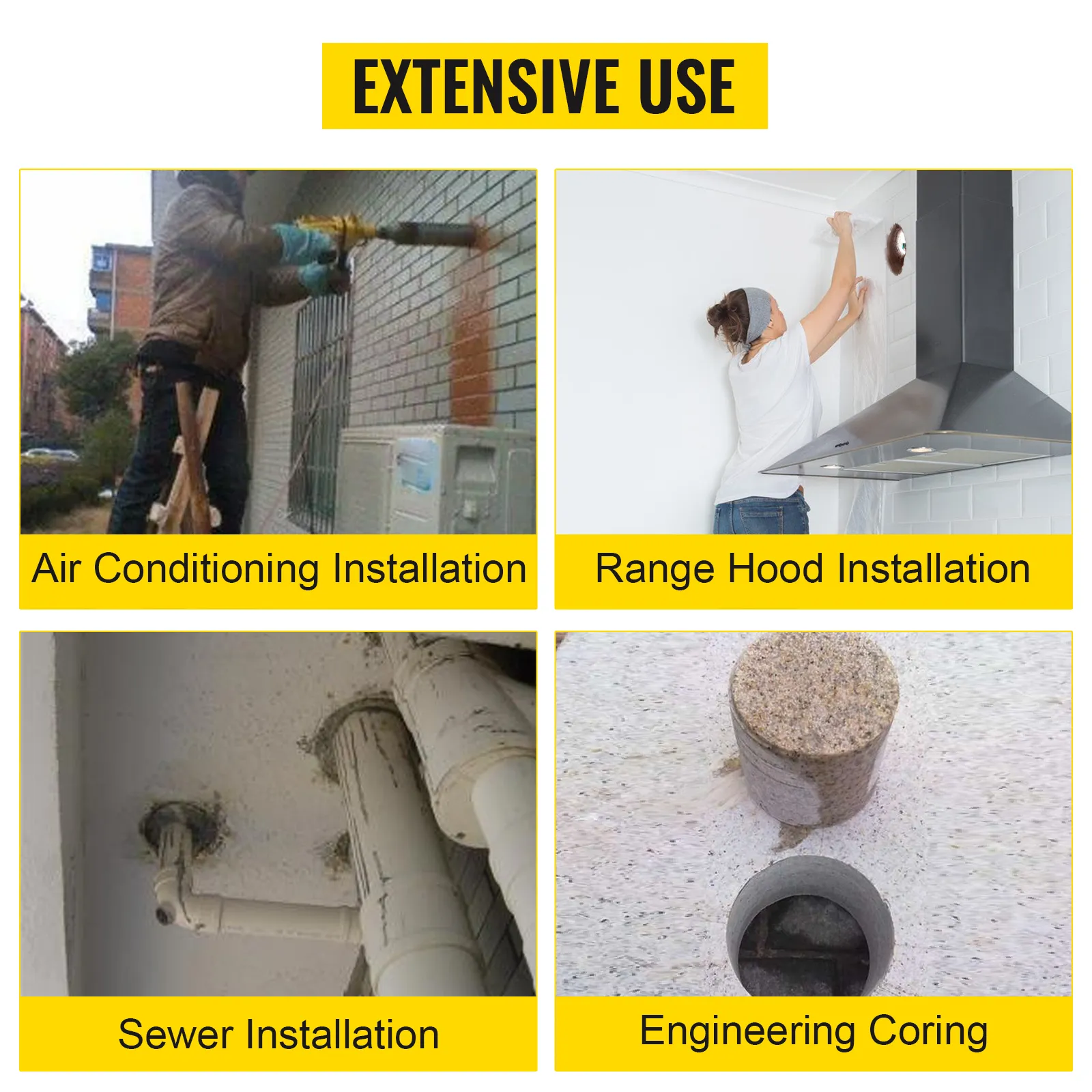 VEVOR diamond core drill bit used for air conditioning, range hood, and sewer installations.