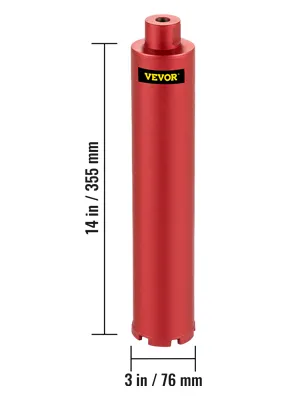 red VEVOR diamond core drill bit, 14 in/355 mm length, 3 in/76 mm diameter.