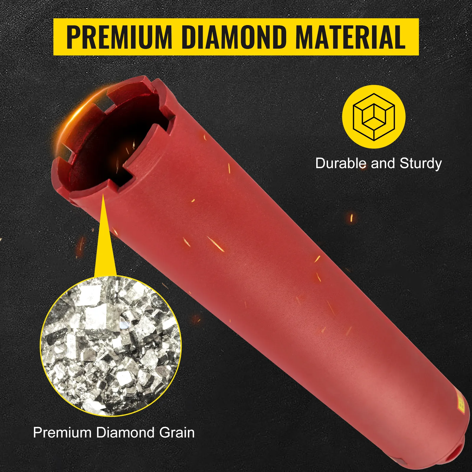 red VEVOR diamond core drill bit with premium diamond material and durability icons.